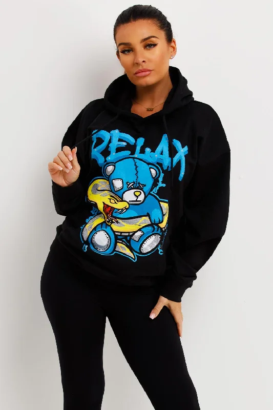 Deep Discounts Black Oversized Hoodie With Teddy Bear Relax Graphics