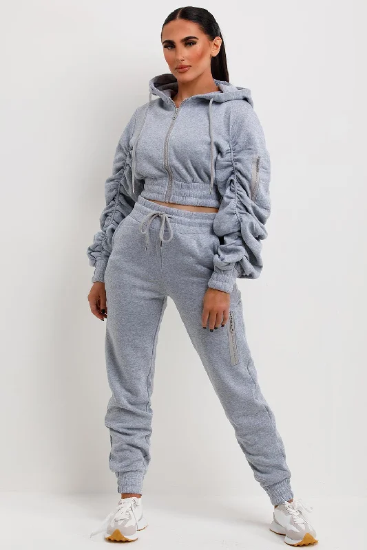 Closeout Sale Ruched Sleeve Hoodie And Joggers Loungewear Set Grey
