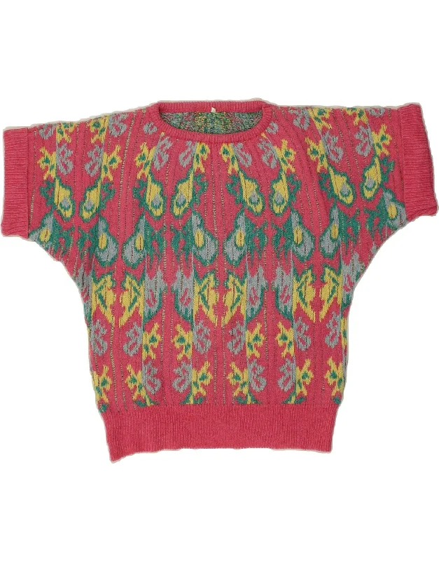 New Markdowns VINTAGE Womens Crop Crew Neck Jumper Sweater UK 10 Small Pink Fair Isle