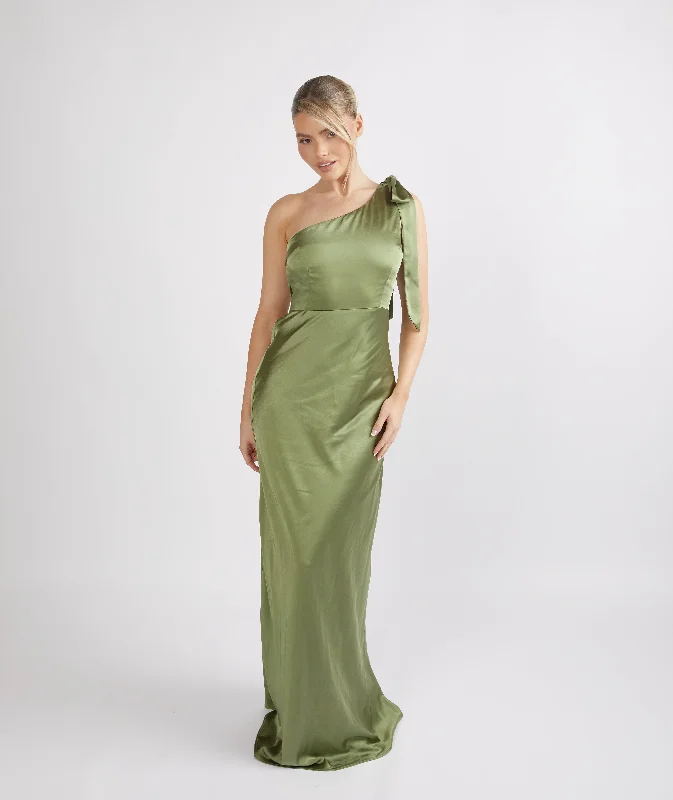 Bargain Blast Bow One Shoulder Satin Bridesmaid Dress - Moss Green