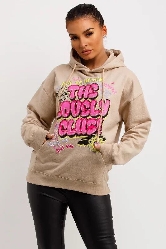 Exclusive Savings Beige Oversized Hoodie With Lovely Club Graphic Slogan