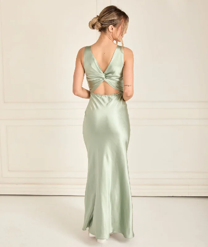 Closeout Twist Back Satin Bridesmaid Dress - Sage