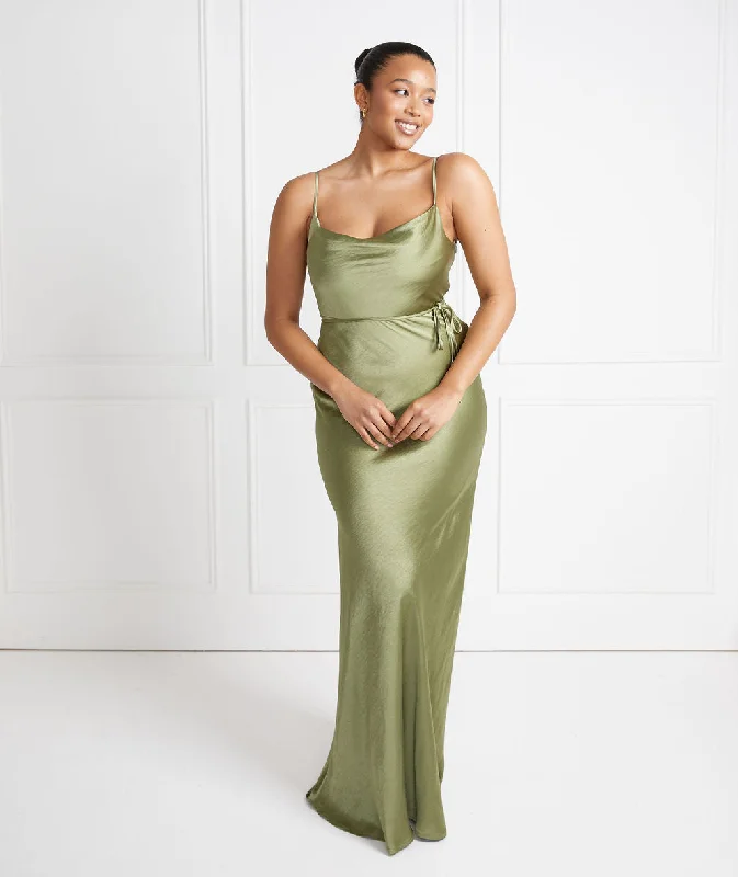 Bargain Prices Cami Cowl Front Satin Bridesmaid Dress - Moss Green