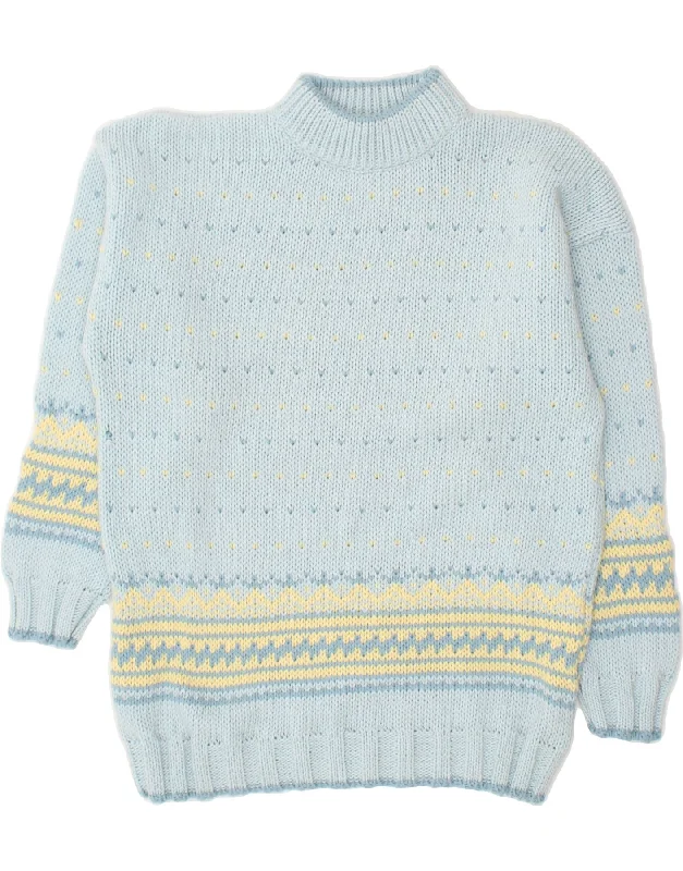 Act Fast VINTAGE Womens Turtle Neck Jumper Sweater UK 16 Large Blue Fair Isle Wool