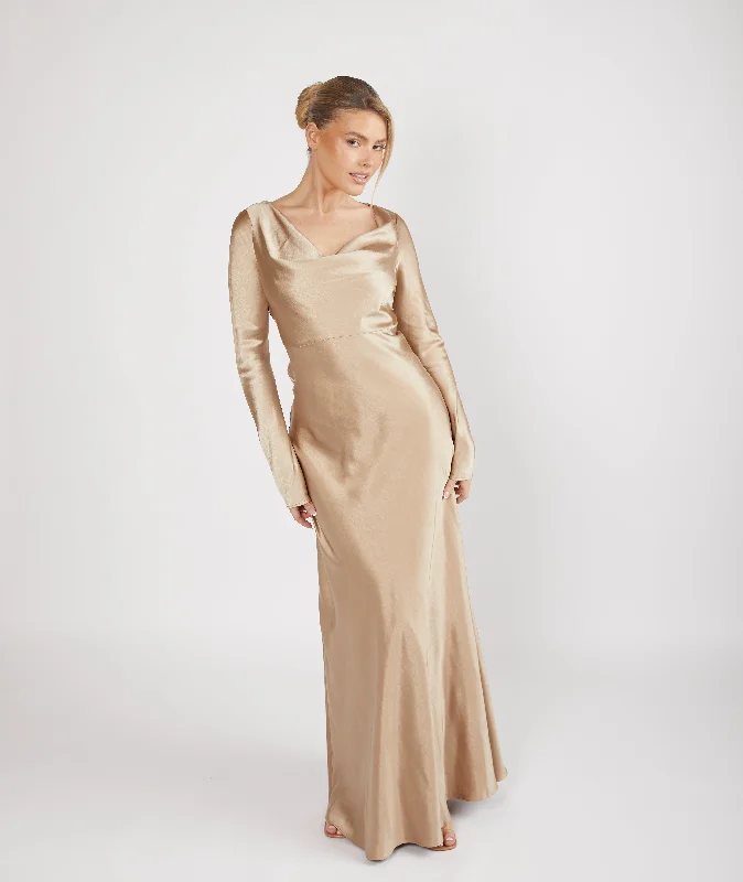 Factory Direct Sale Cowl Front Long Sleeve Satin Bridesmaid Dress - Champagne