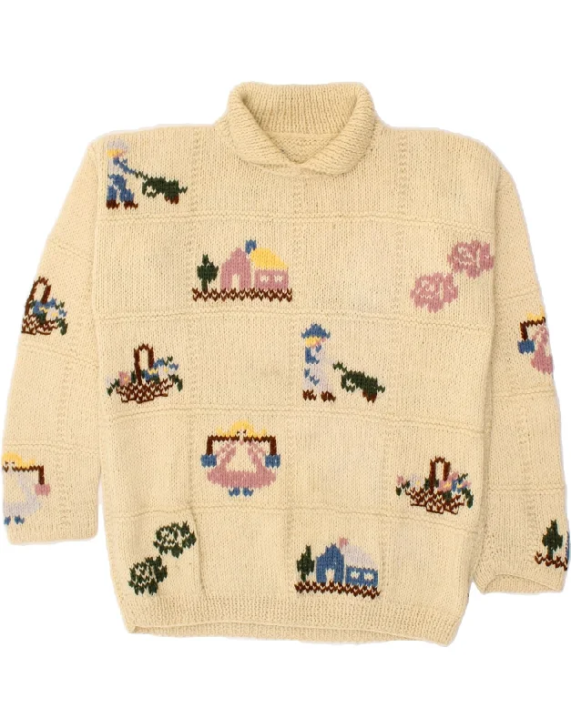 Mega Deal VINTAGE Womens Graphic Polo Neck Jumper Sweater UK 16 Large Beige