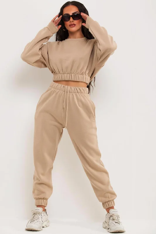 Markdowns Crop Sweatshirt And Joggers Tracksuit Beige