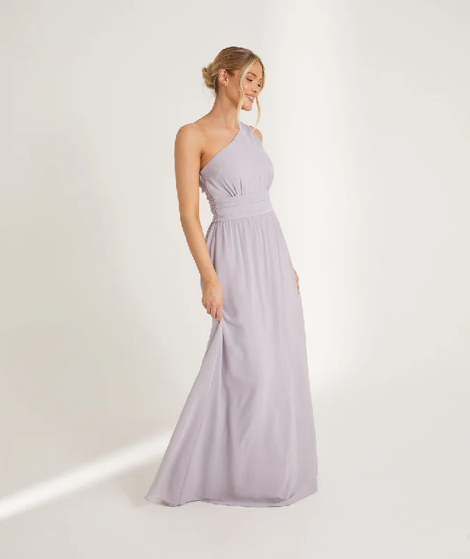 Don't Wait One Shoulder Pleated Waist Chiffon Bridesmaid Dress - Dusty Lilac