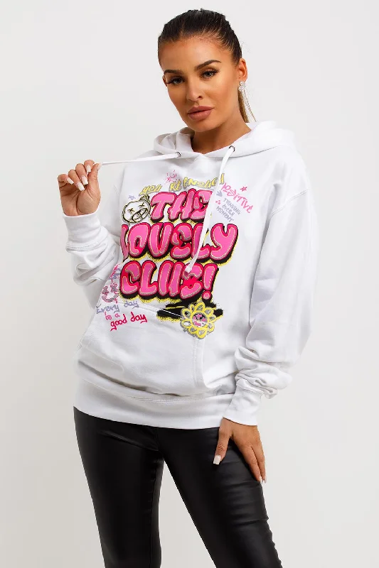 Price Reduction White Oversized Hoodie With Lovely Club Graphic Slogan