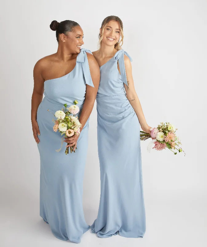 Price Smash Bow One Shoulder Gathered Crepe Bridesmaid Dress - Pale Blue
