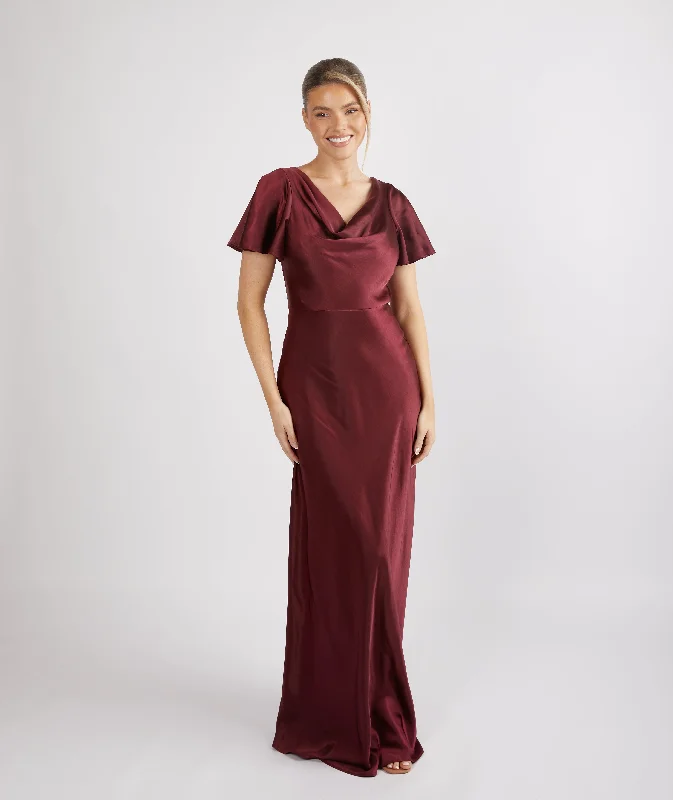 Price Fest Cowl Front Satin Short Sleeve Bridesmaid Dress - Deep Wine