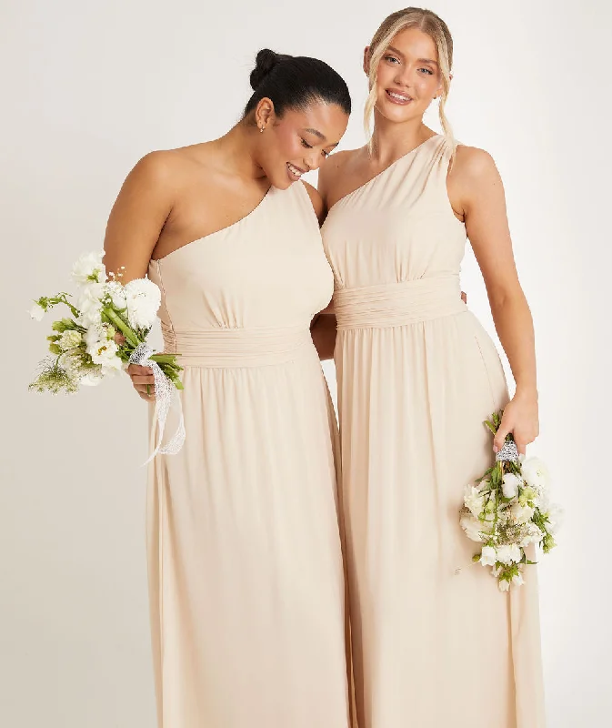 Early Bird Discount One Shoulder Pleated Waist Chiffon Bridesmaid Dress - Butter Cream
