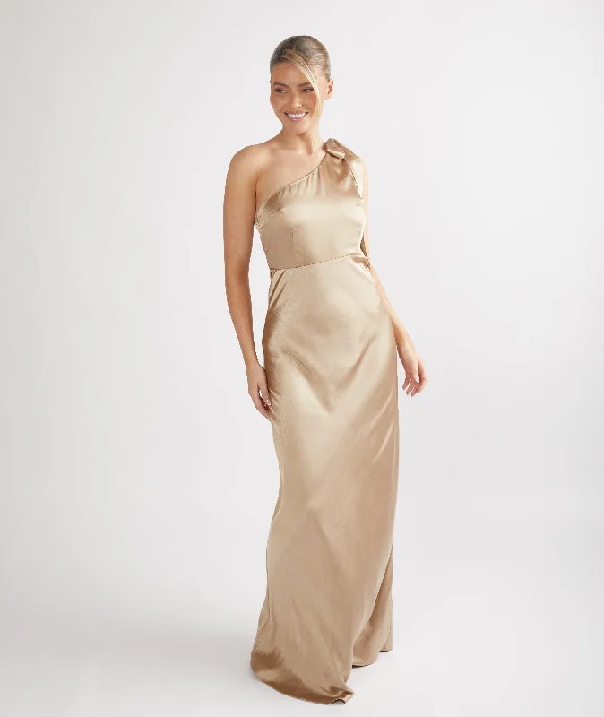 Customer Appreciation Sale Bow One Shoulder Satin Bridesmaid Dress - Champagne