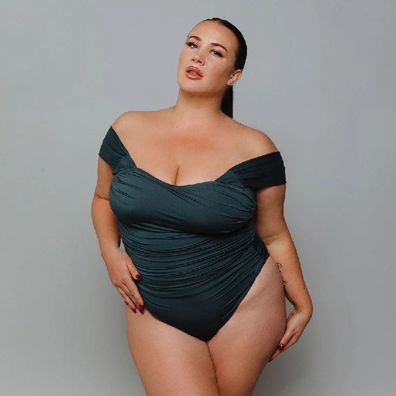 Reduced Prices Steel Blue Off Shoulder One-Piece