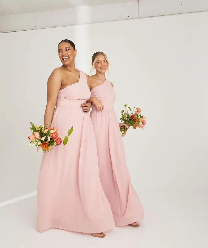 Friends and Family Sale One Shoulder Pleated Waist Chiffon Bridesmaid Dress - Peony Pink