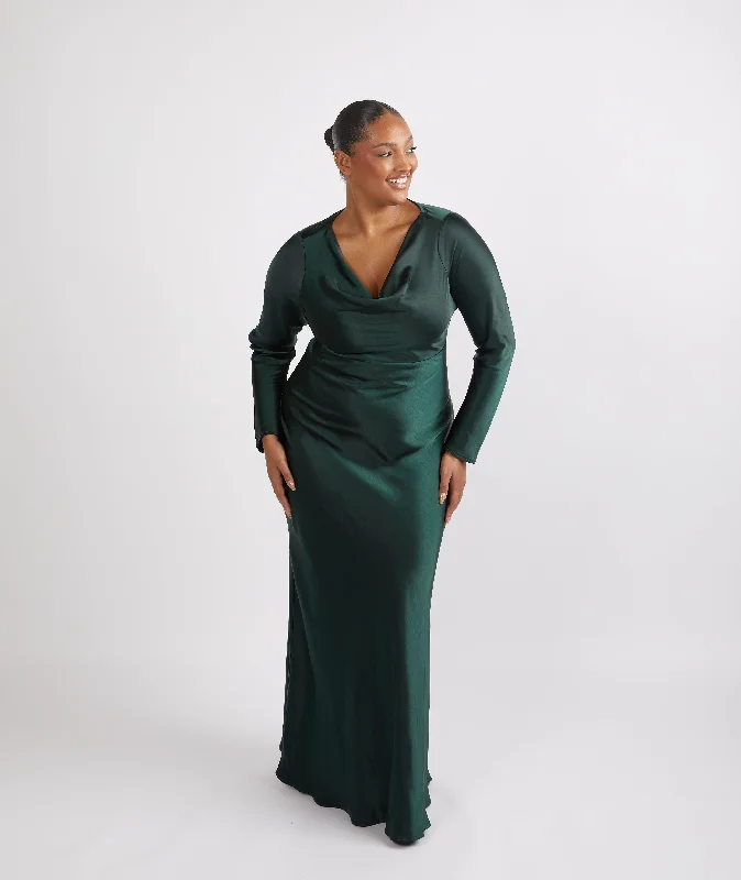 Big Discounts Cowl Front Long Sleeve Satin Bridesmaid Dress - Emerald