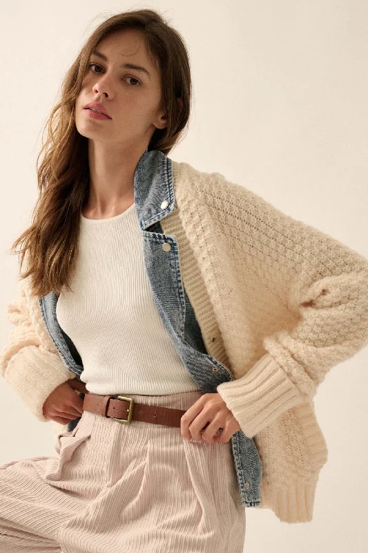Closeout Take Two Denim and Cable Knit Cardigan Sweater
