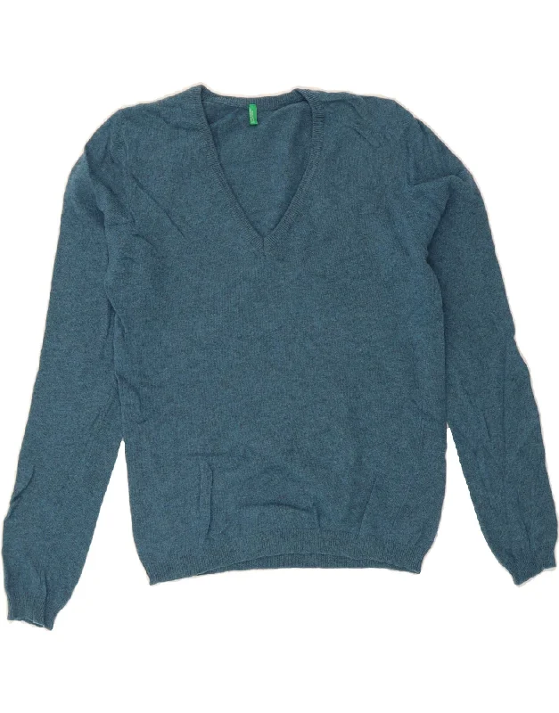 Must-Have Deals BENETTON Womens V-Neck Jumper Sweater UK 14 Medium Blue Wool