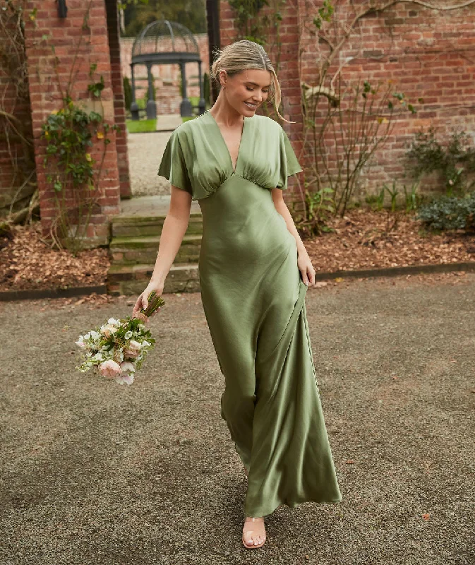 Price Drop Plunge Batwing Satin Bridesmaid Dress - Moss Green