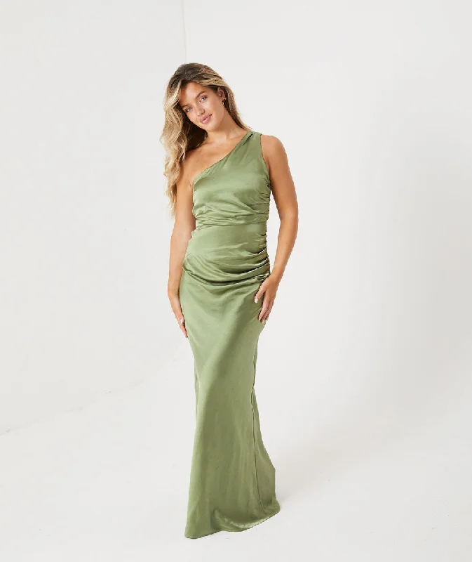 Reduced Prices One Shoulder Satin Ruched Bridesmaid Dress - Moss Green