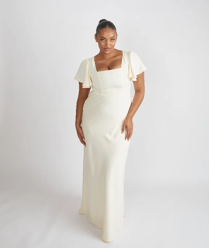 Lowest Price Square Neck Flutter Sleeve Crepe Bridesmaid Dress - Almond