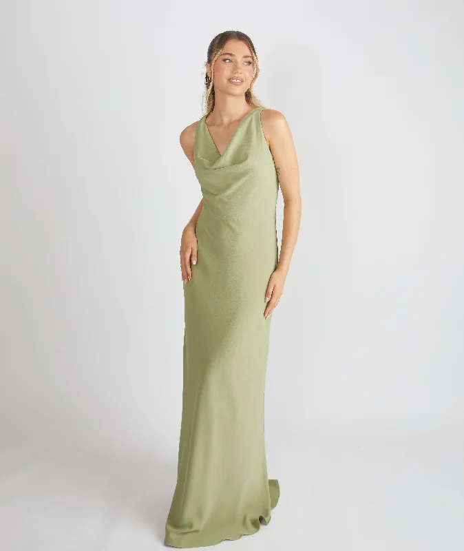 Super Bargain Cowl Front Crepe Bridesmaid Dress - Sage