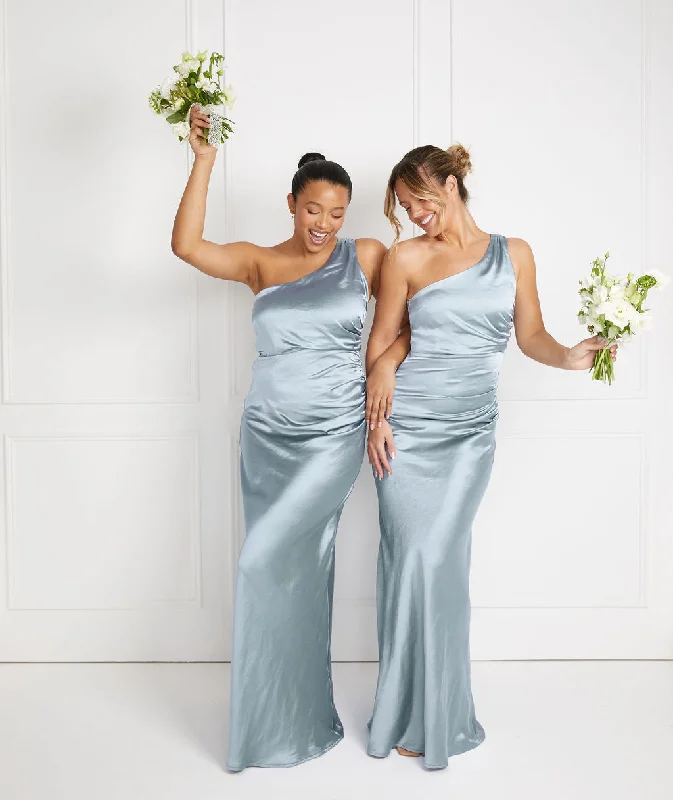Weekend Special One Shoulder Satin Ruched Bridesmaid Dress - Dusty Blue