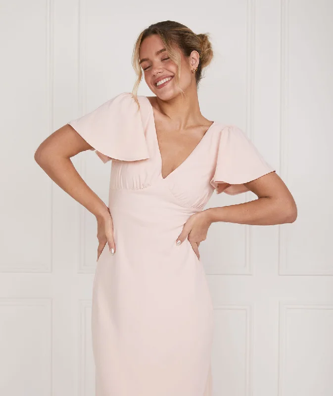 Deal Dash Flutter Sleeve V Neck Plunge Crepe Bridesmaid Dress - Blush