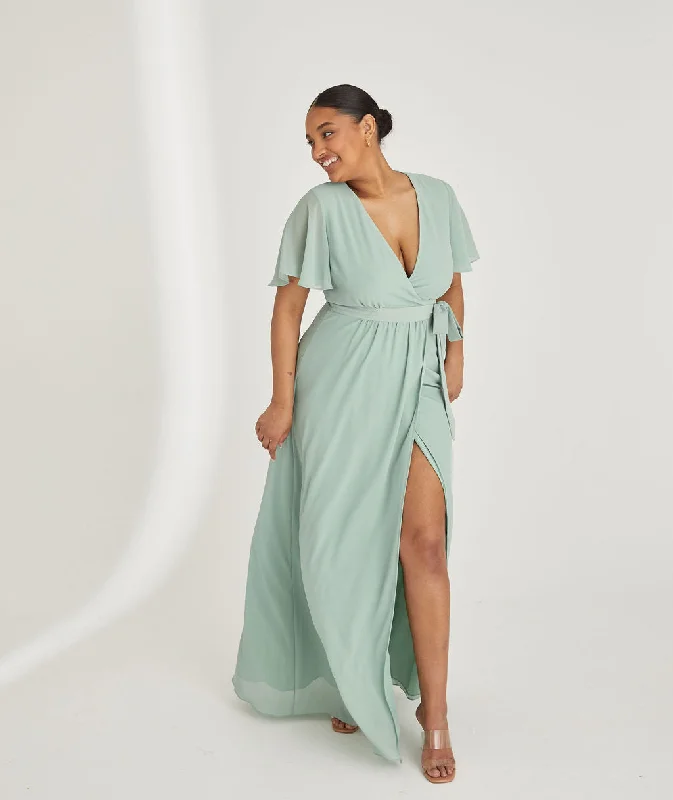 Price Rollback Flutter Sleeve Wrap Tie Chiffon Bridesmaid Dress - Sage