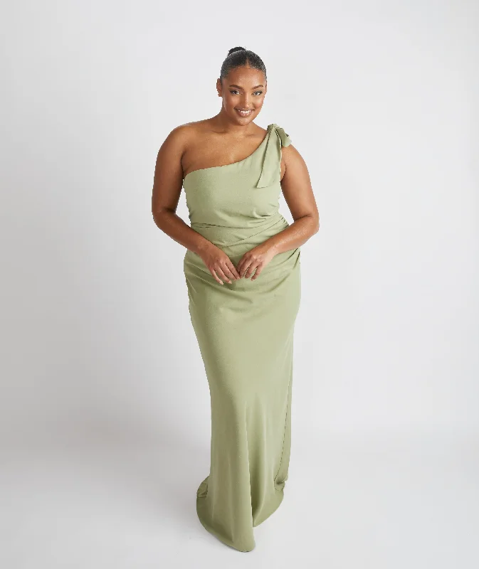 Price Drop Alert Bow One Shoulder Gathered Crepe Bridesmaid Dress - Sage