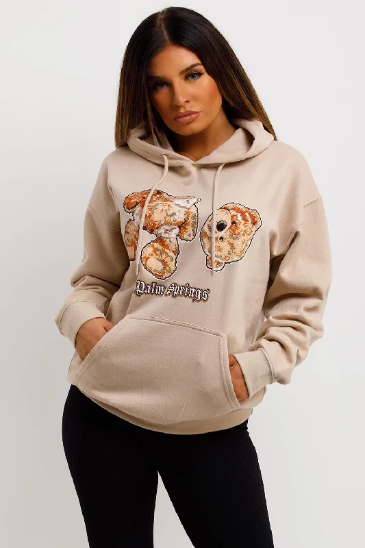 Steals and Deals Oversized Hoodie With Teddy Bear Palm Springs Slogan Beige