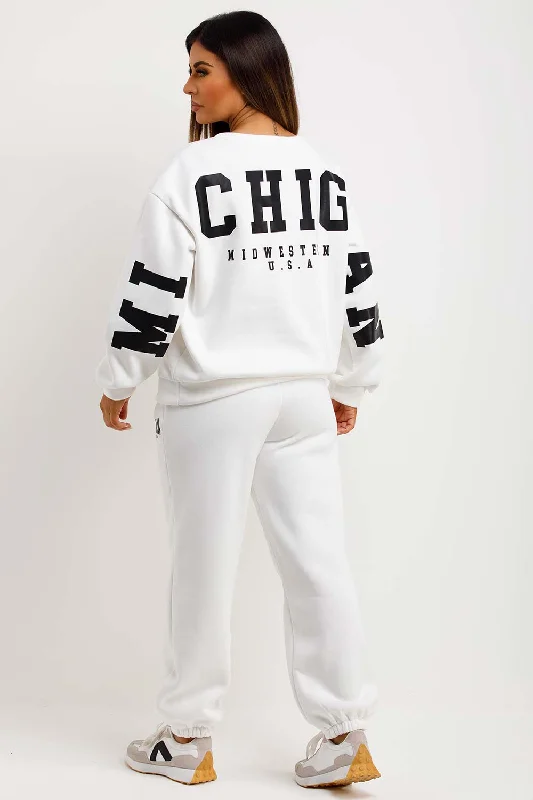 Buy Now White Sweatshirt And Joggers Tracksuit With Michigan Slogan