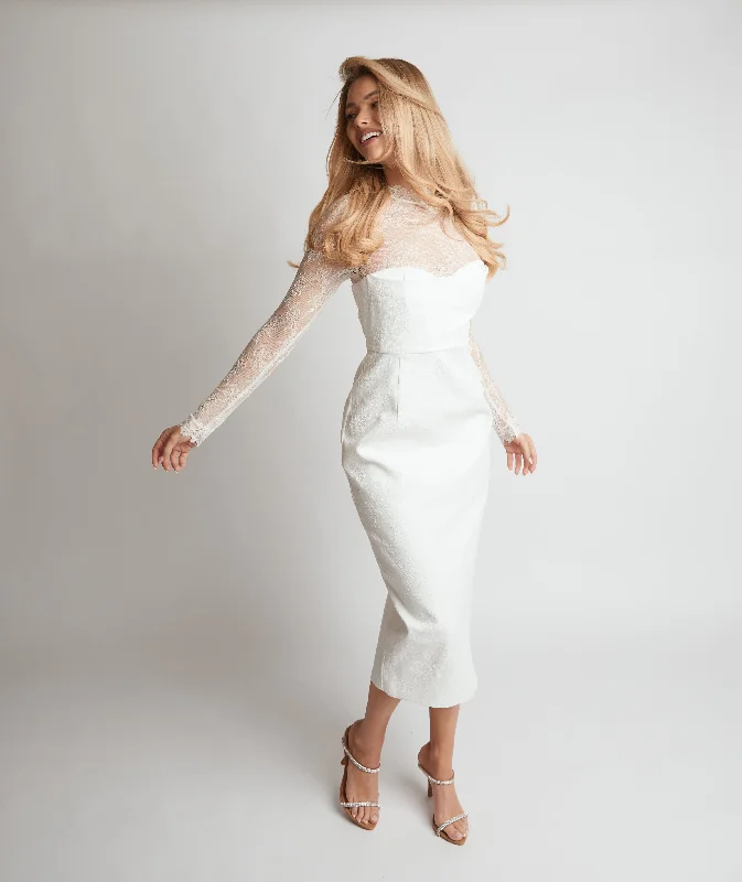 Exclusive Offers Lace Sleeve Cup Detail Midi Dress - White