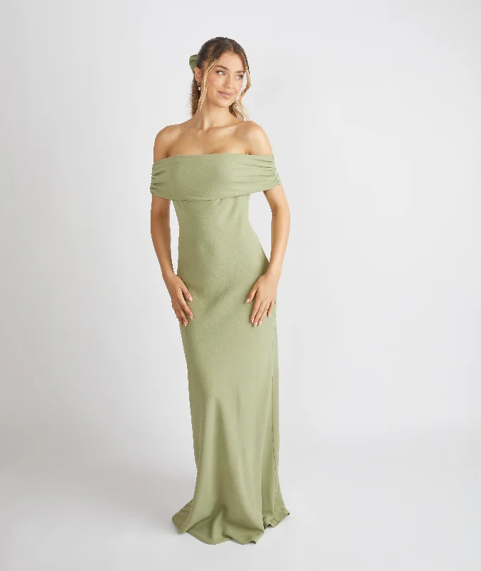 Super Deal Bardot Gathered Crepe Bridesmaid Dress - Sage