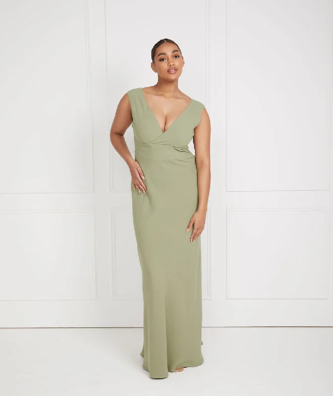 Steals and Deals V Neck Plunge Crepe Bridesmaid Dress - Sage
