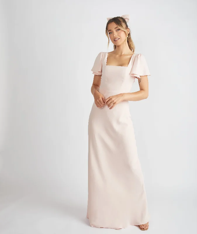 Clearance Items Square Neck Flutter Sleeve Crepe Bridesmaid Dress - Blush