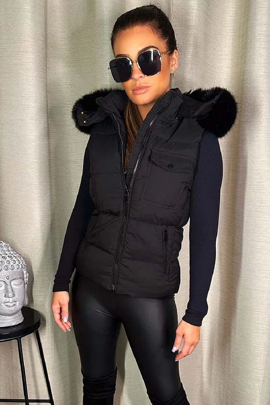 Act Fast Black Gilet With Faux Fur Hood