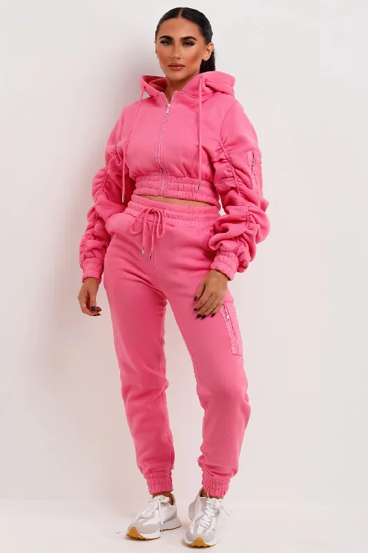 Midnight Sale Ruched Sleeve Hoodie And Joggers Loungewear Set Pink
