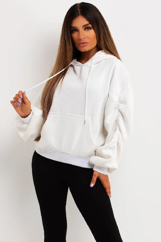 Price Rollback Hoodie With Ruched Sleeves Cream