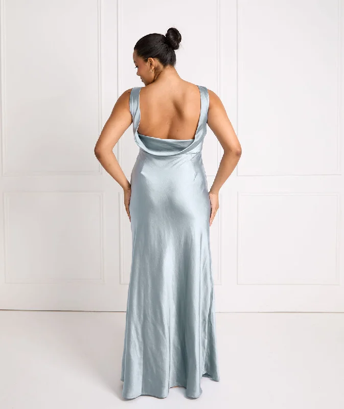 Mega Sale Cowl Back Satin Bridesmaid Dress - Dusty Blue