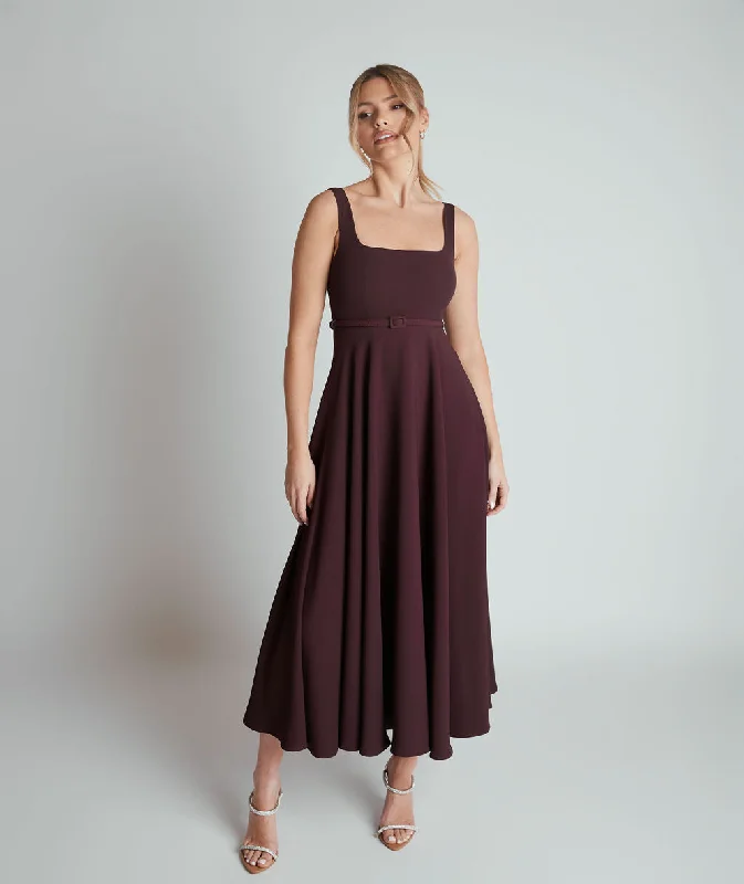 Super Sale Square Neck Belted Midi Dress - Burgundy