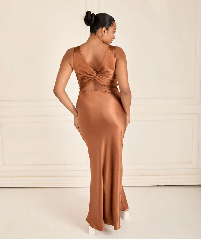 Exclusive Savings Twist Back Satin Bridesmaid Dress - Rust
