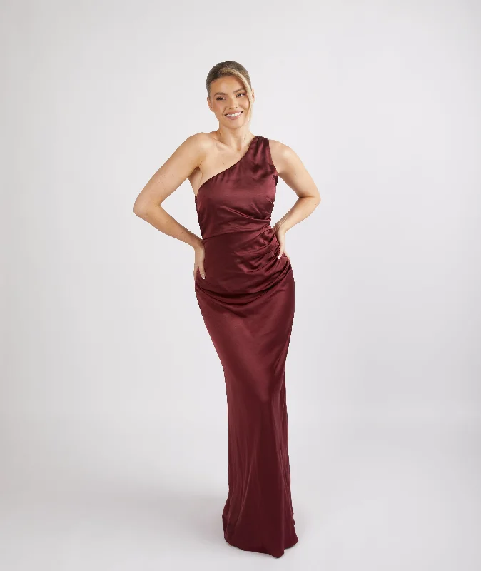 Get It Before It’s Gone One Shoulder Satin Ruched Bridesmaid Dress - Deep Wine