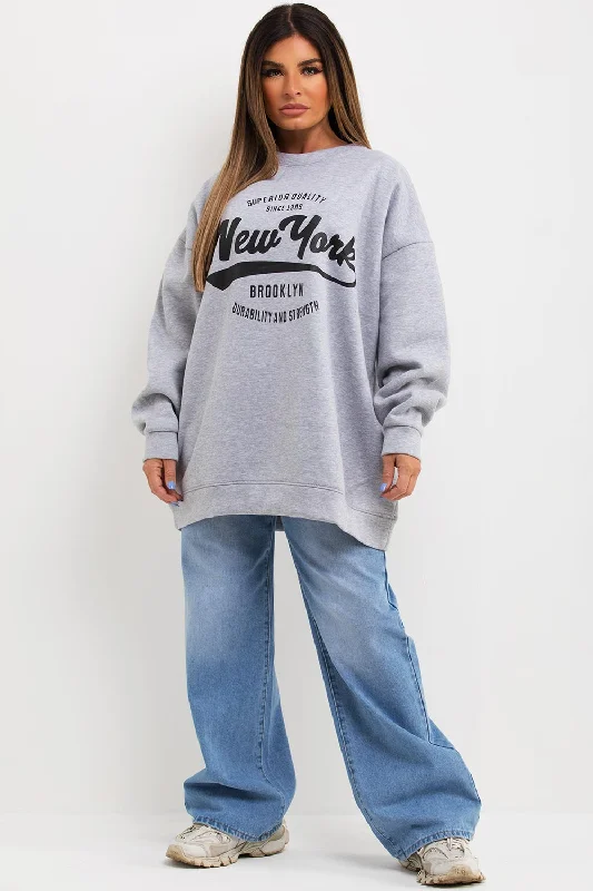 Markdown Madness Sweatshirt With New York Slogan Oversized Fit Grey