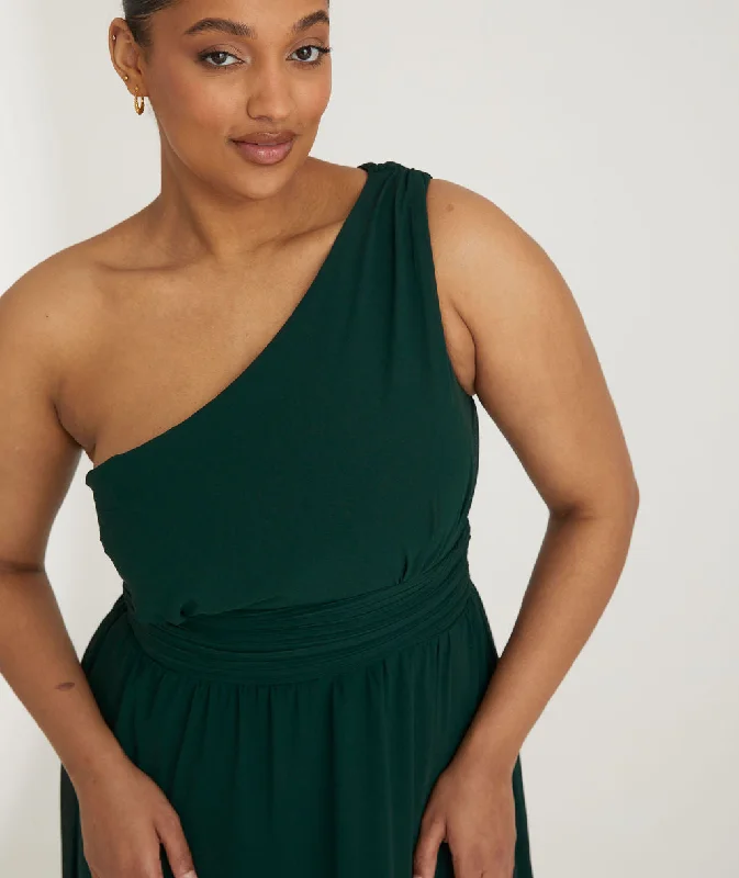 Online Exclusive One Shoulder Pleated Waist Chiffon Bridesmaid Dress - Emerald