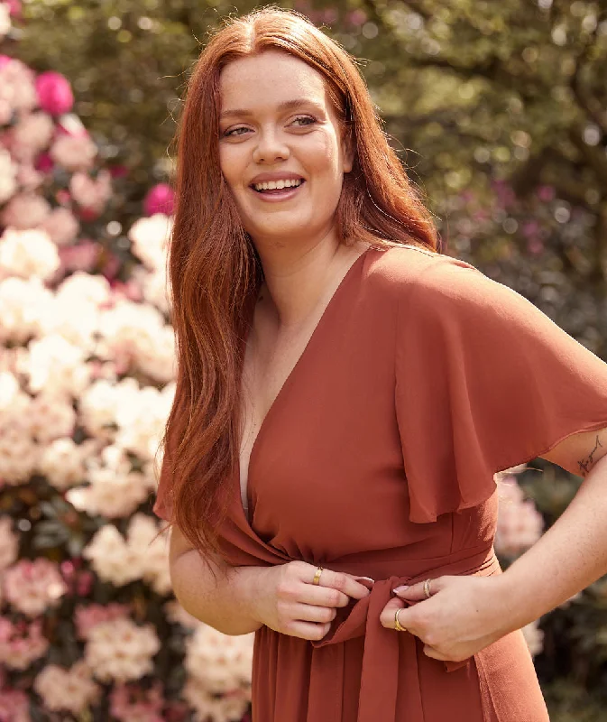 Instant Discount Flutter Sleeve Wrap Tie Chiffon Bridesmaid Dress - Rust