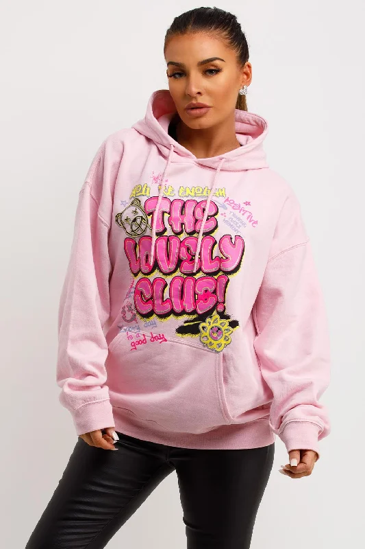 Major Savings Pink Oversized Hoodie With Lovely Club Graphic Slogan
