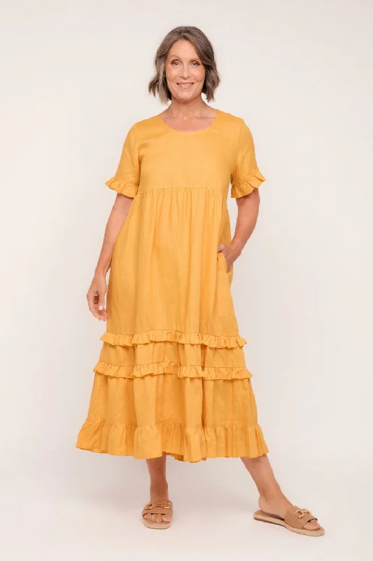 Limited Availability Sabre Linen Frill Dress in Golden Hour