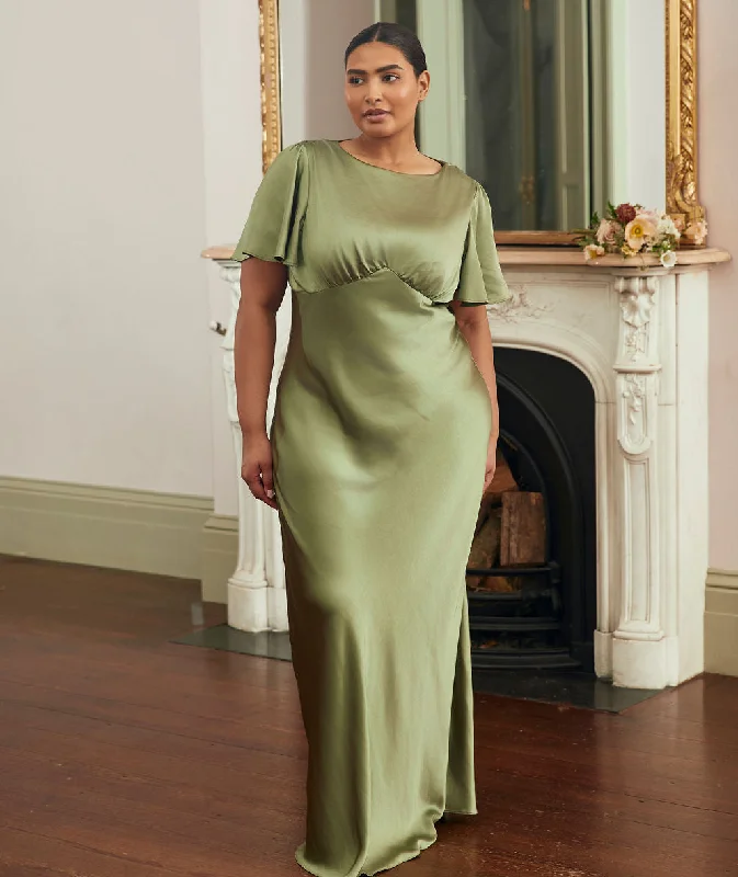 Exclusive Access Gathered Bust Flutter Sleeve Satin Bridesmaid Dress - Moss Green