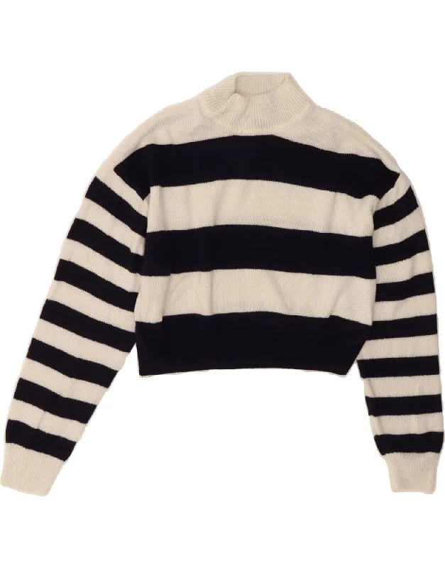 New Arrival H&M Womens Crop Turtle Neck Jumper Sweater UK 6 XS Navy Blue Striped